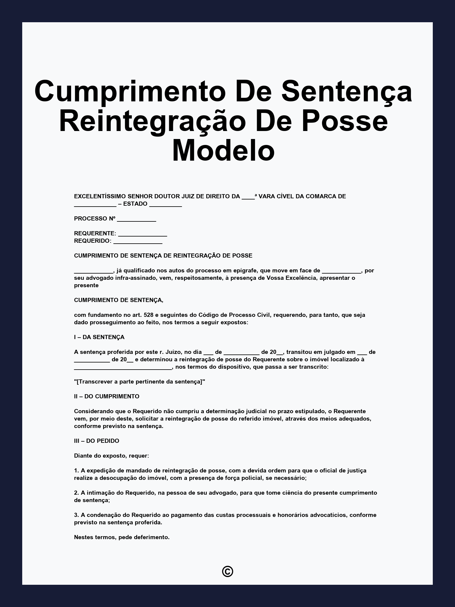 Cumprimento De Sentença Reintegração De Posse Modelo