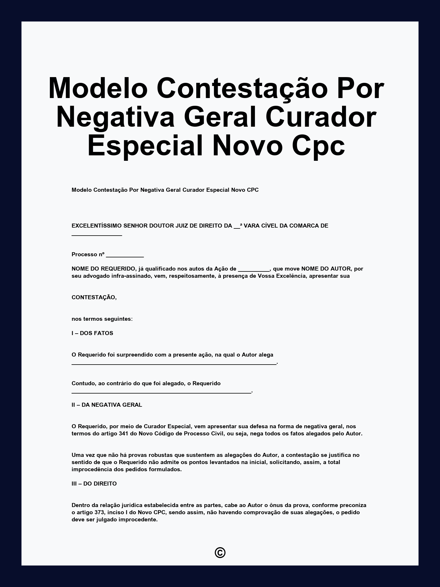 Modelo Contestação Por Negativa Geral Curador Especial Novo Cpc