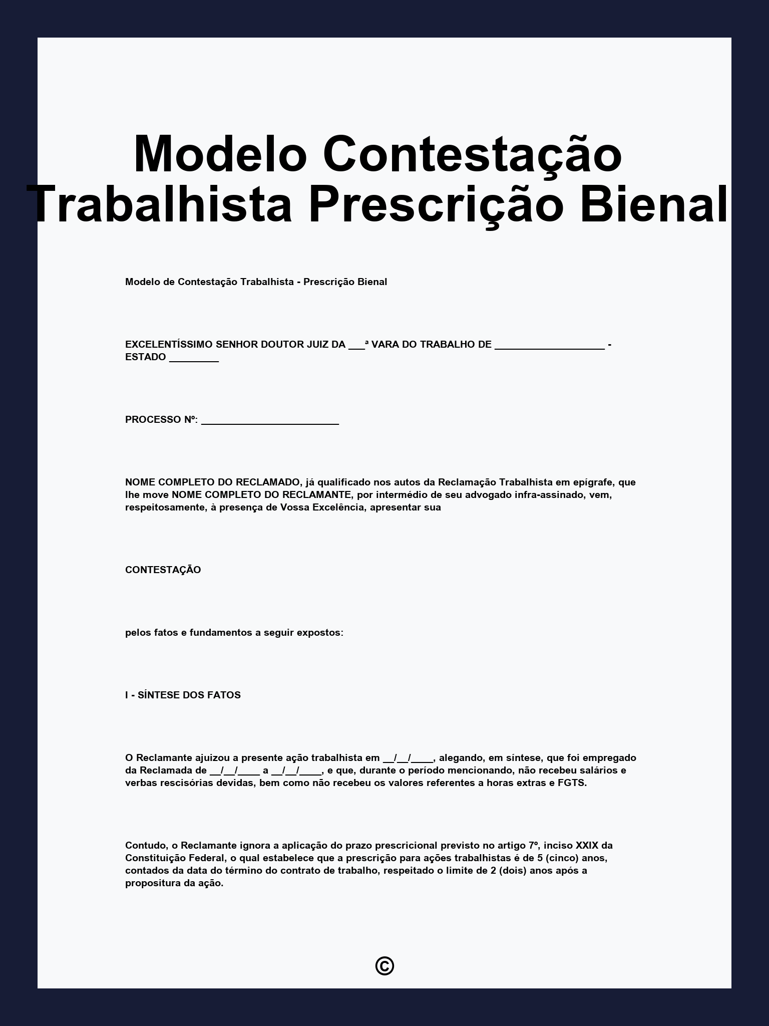 Modelo Contestação Trabalhista Prescrição Bienal