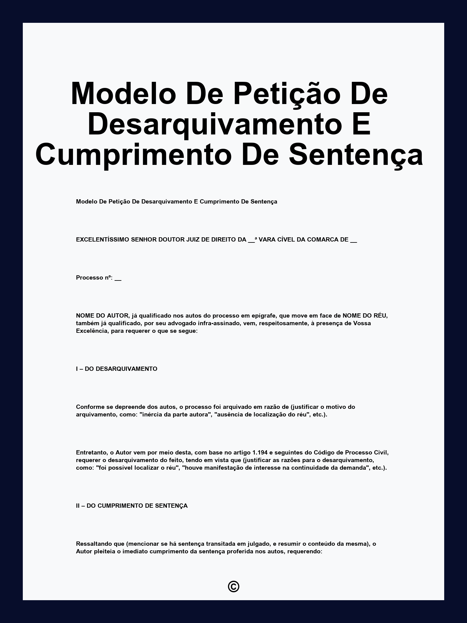 Modelo De Petição De Desarquivamento E Cumprimento De Sentença