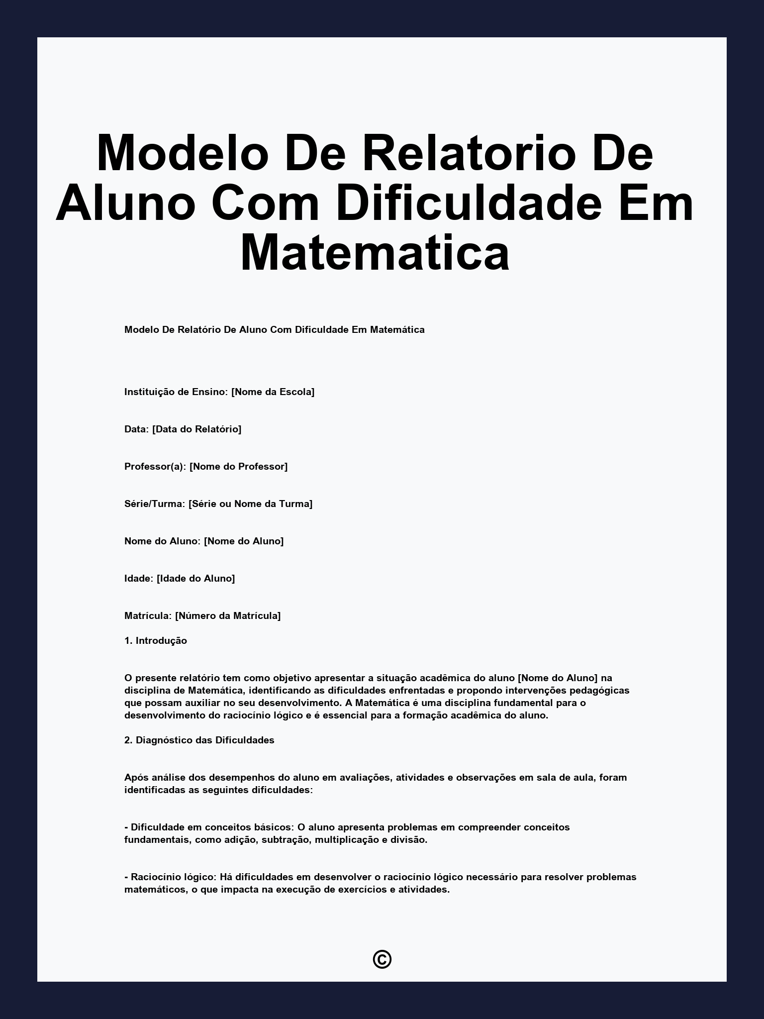Modelo De Relatorio De Aluno Com Dificuldade Em Matematica