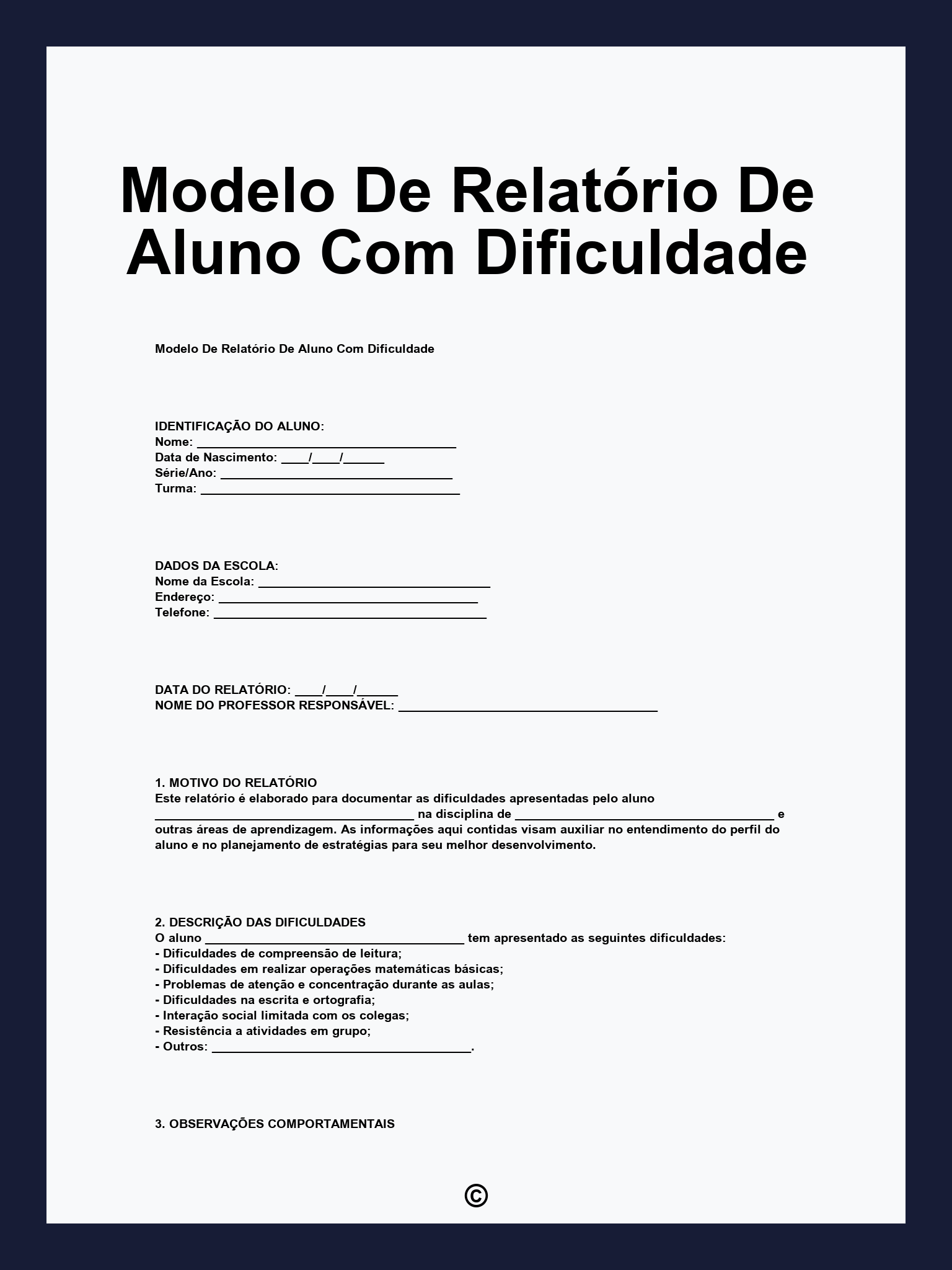 Modelo De Relatório De Aluno Com Dificuldade