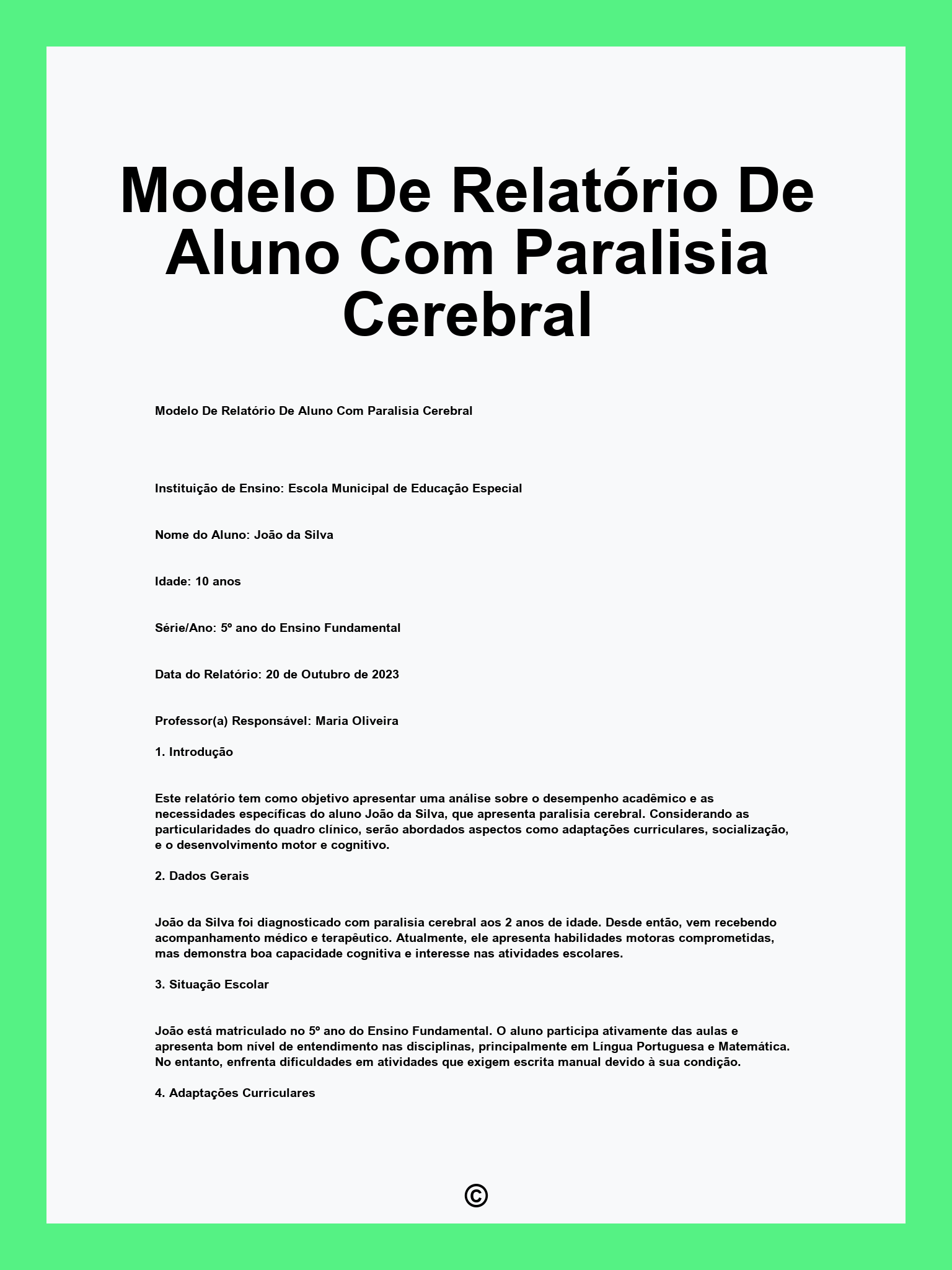 Modelo De Relatório De Aluno Com Paralisia Cerebral