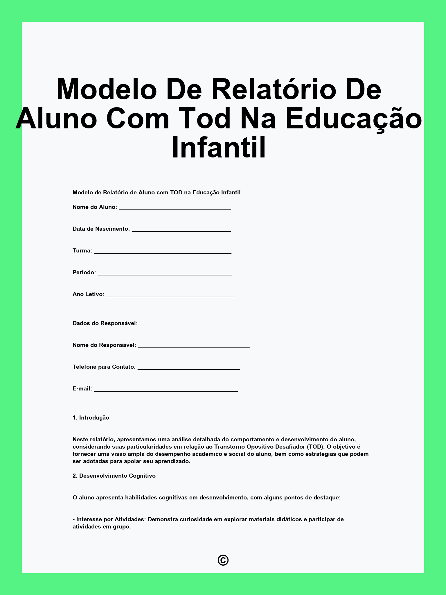Modelo De Relatório De Aluno Com Tod Na Educação Infantil