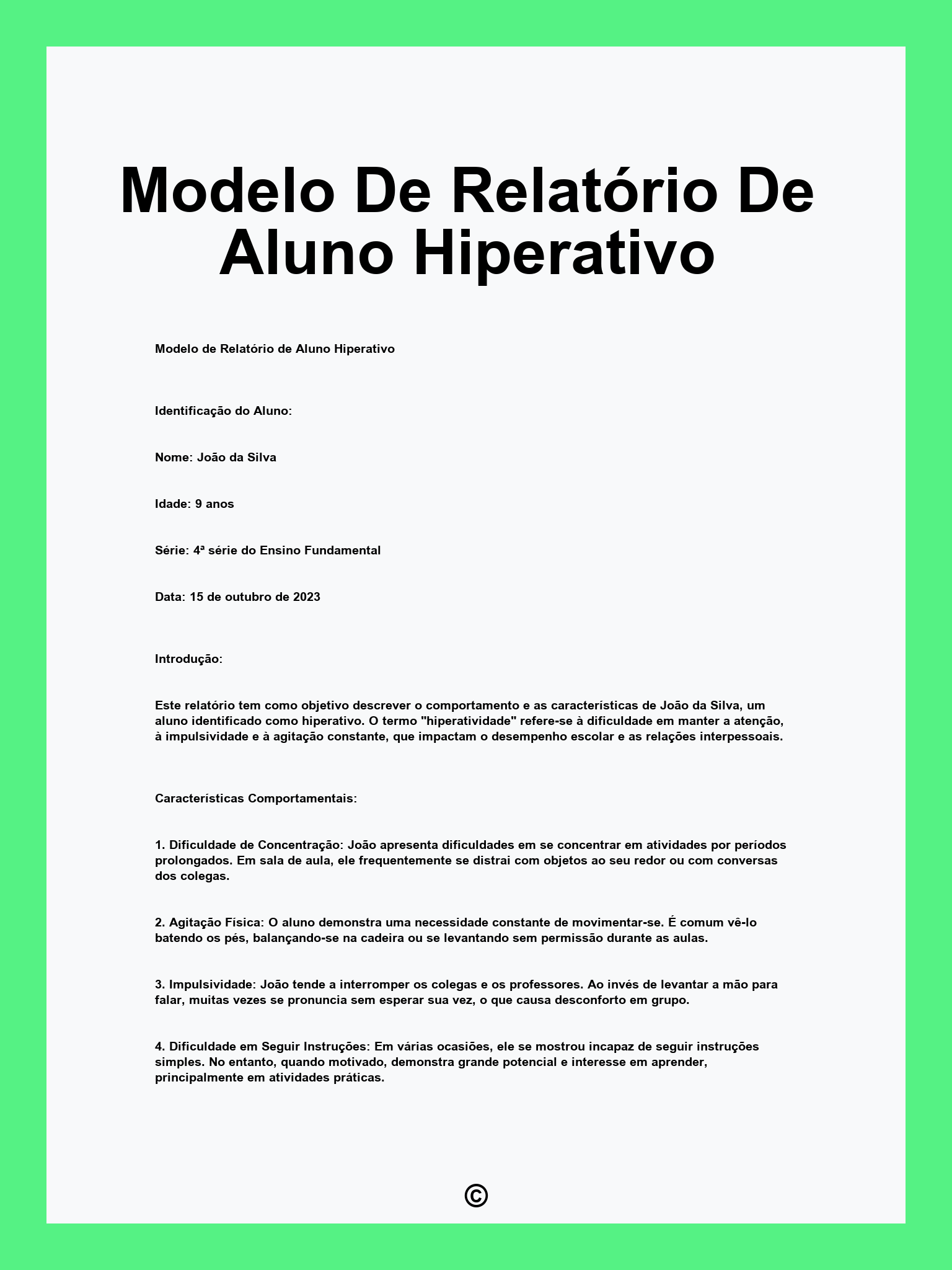 Modelo De Relatório De Aluno Hiperativo