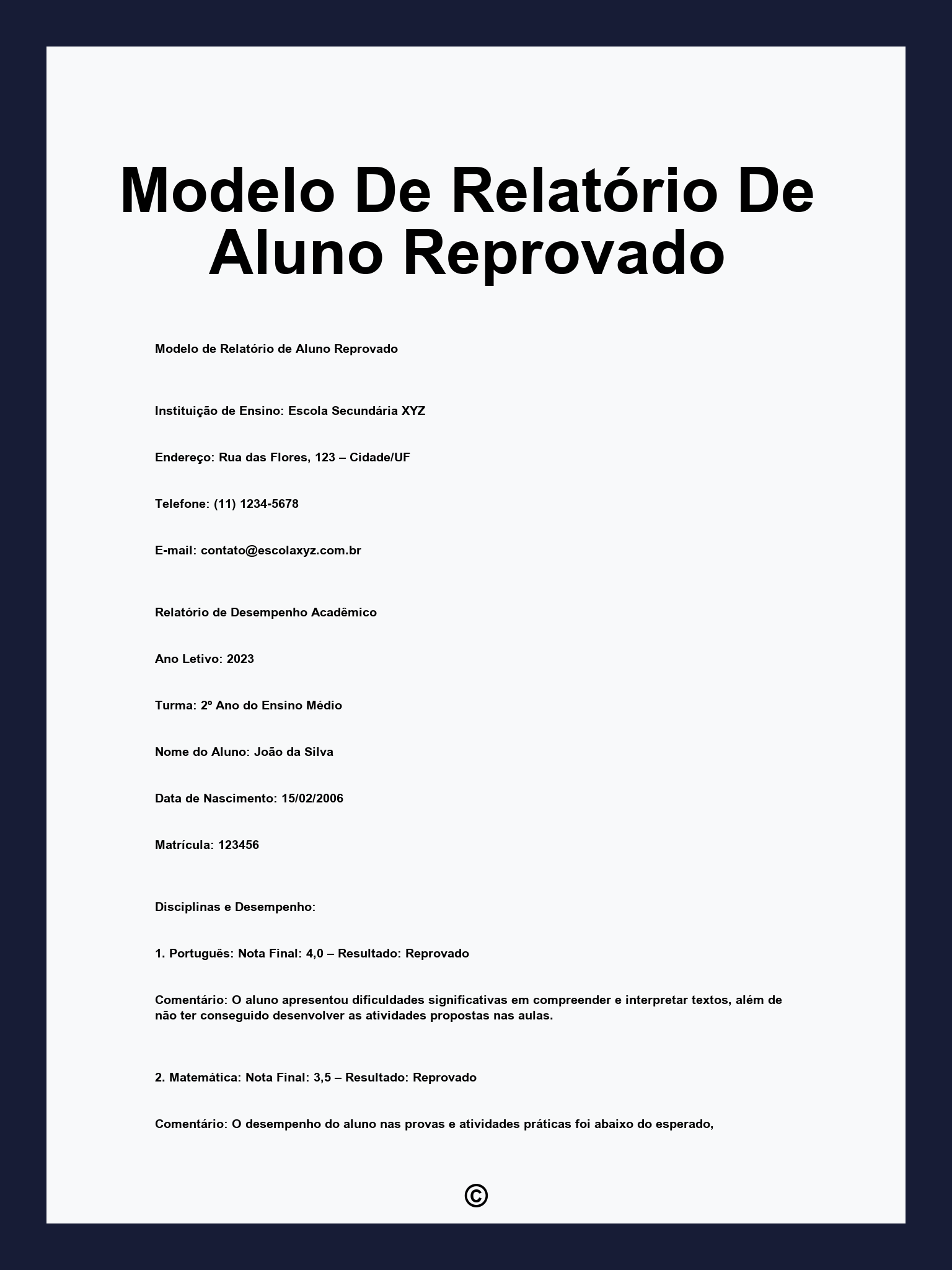 Modelo De Relatório De Aluno Reprovado