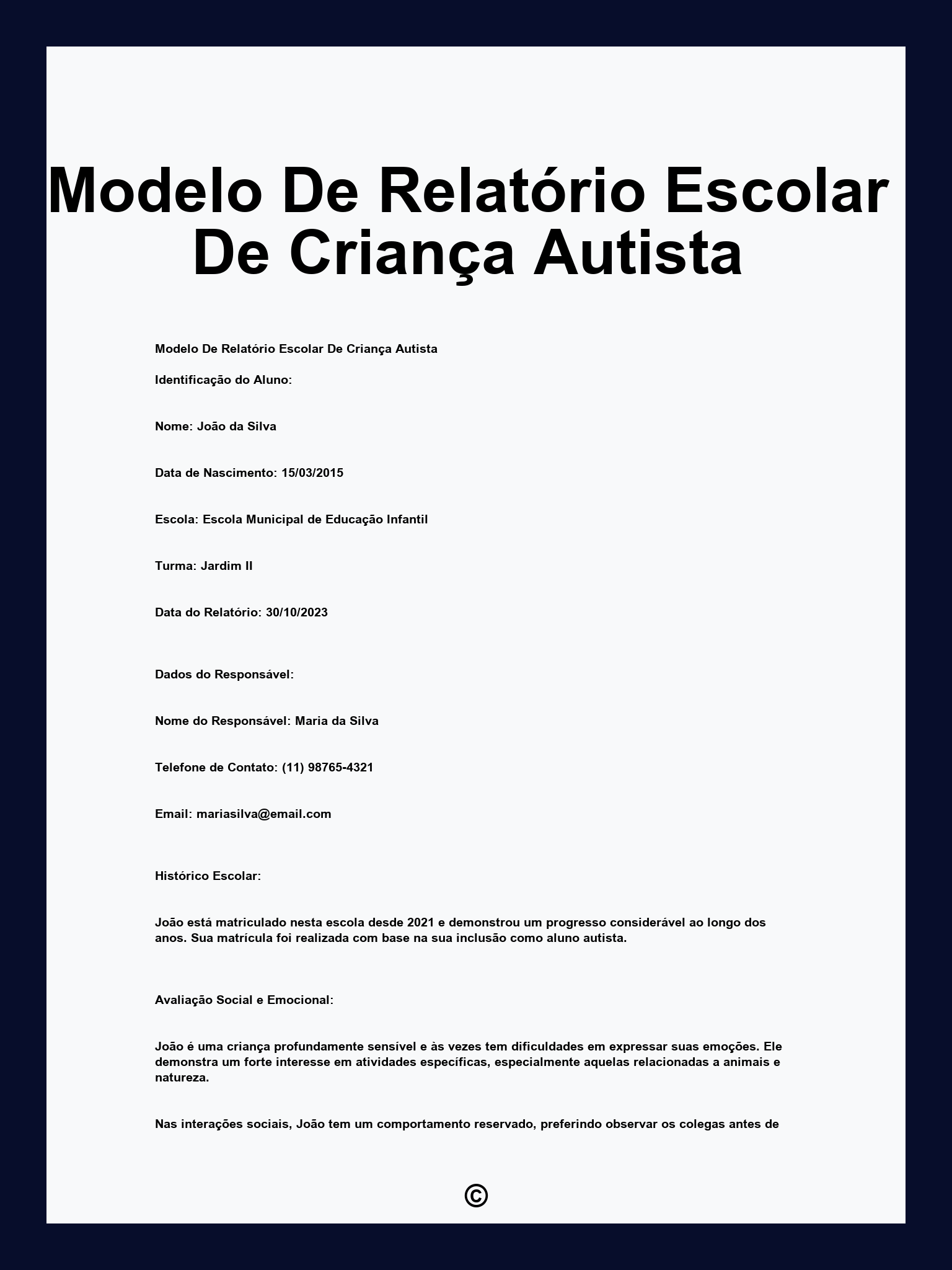 Modelo De Relatório Escolar De Criança Autista