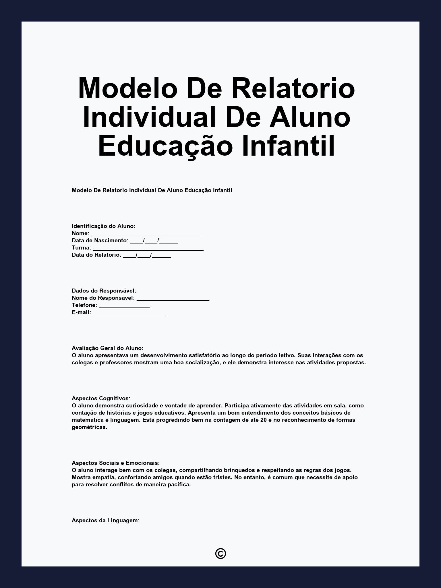 Modelo De Relatorio Individual De Aluno Educação Infantil