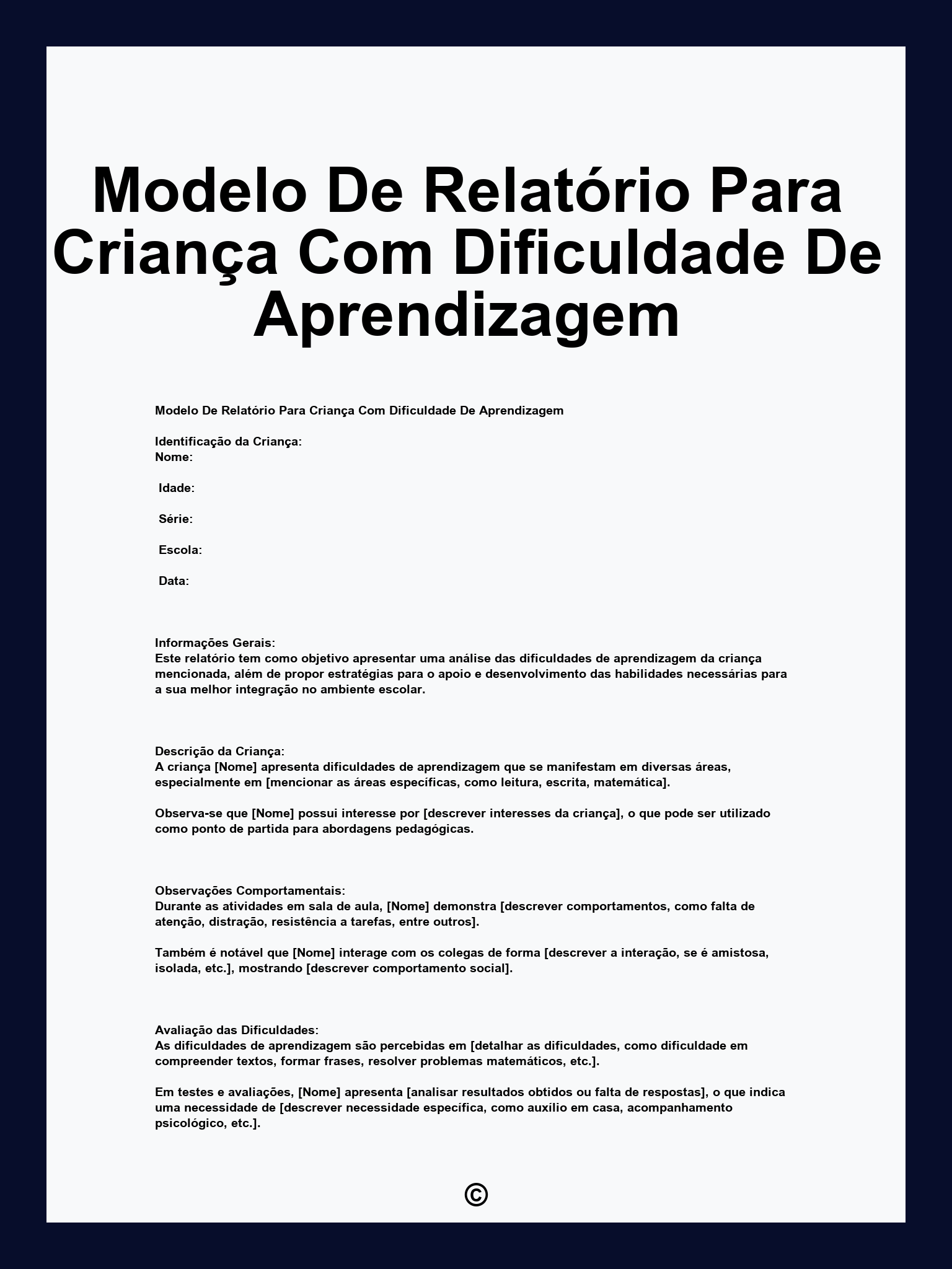 Modelo De Relatório Para Criança Com Dificuldade De Aprendizagem